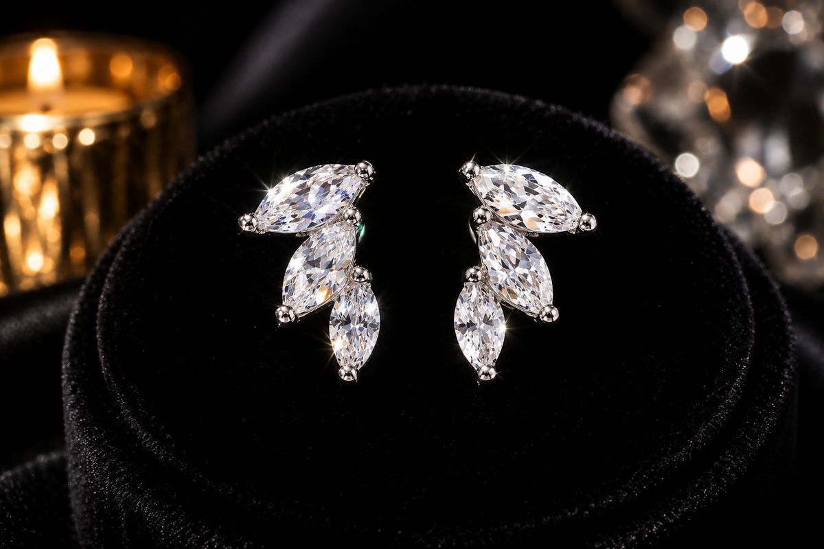 3 Stone Marquise Stud Earrings Sterling Silver 925 Hallmarked Brand New Boxed