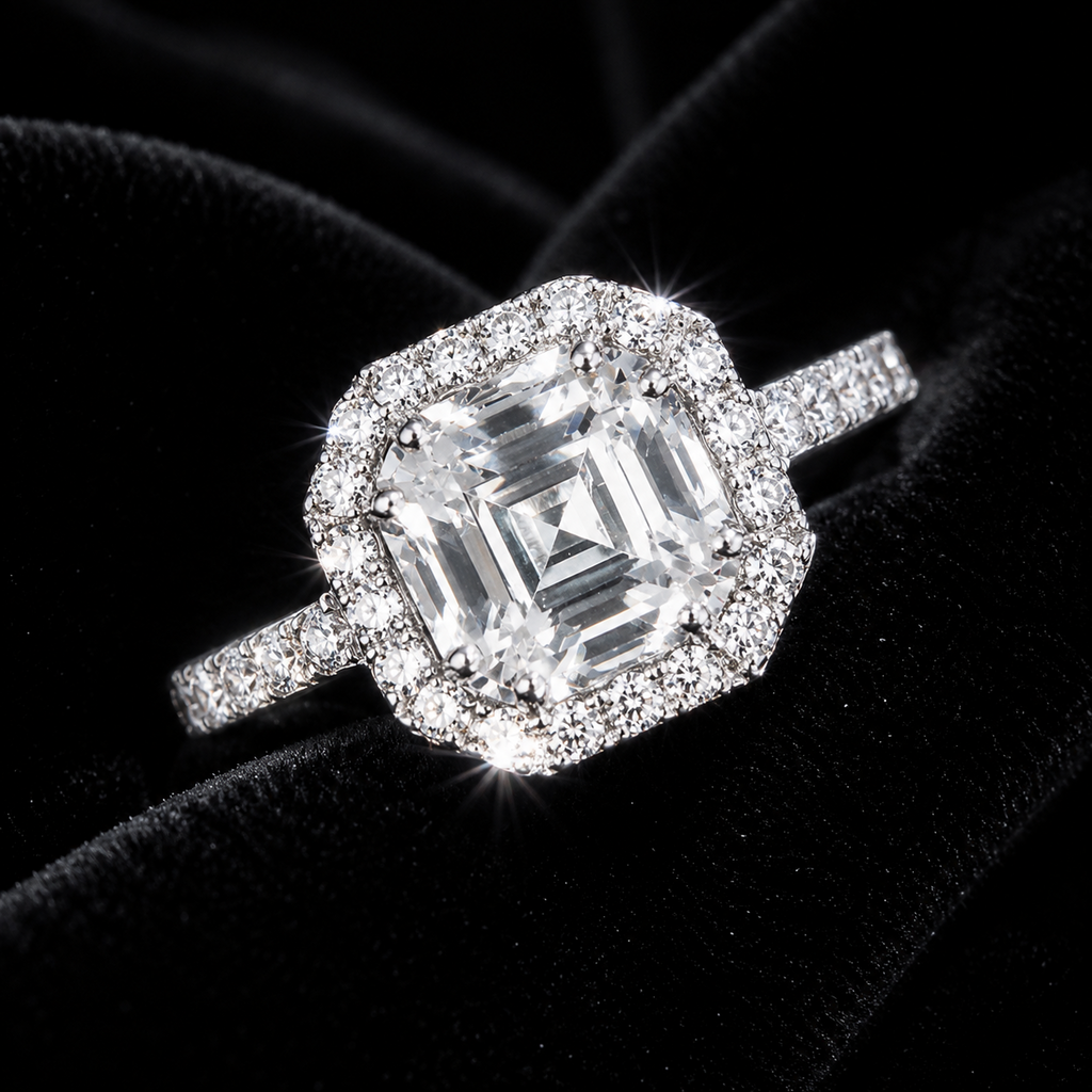 Sterling Silver Asscher Halo Ring Engagement Gemstone 925 Hallmarked Size L - T