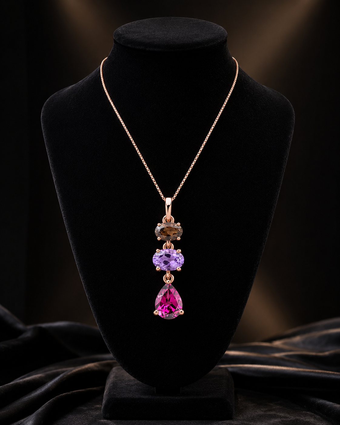 Statement 3 Stone Drop Pendant 9ct Rose Gold 375 Hallmarked British Made