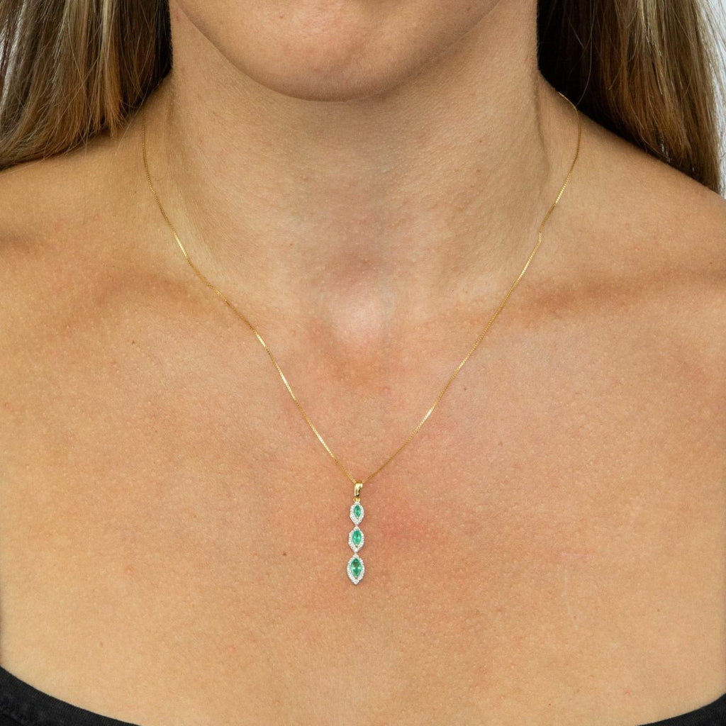 Marquise Triple Drop Natural Emerald Pendant in 9ct Yellow Gold 375 Hallmarked