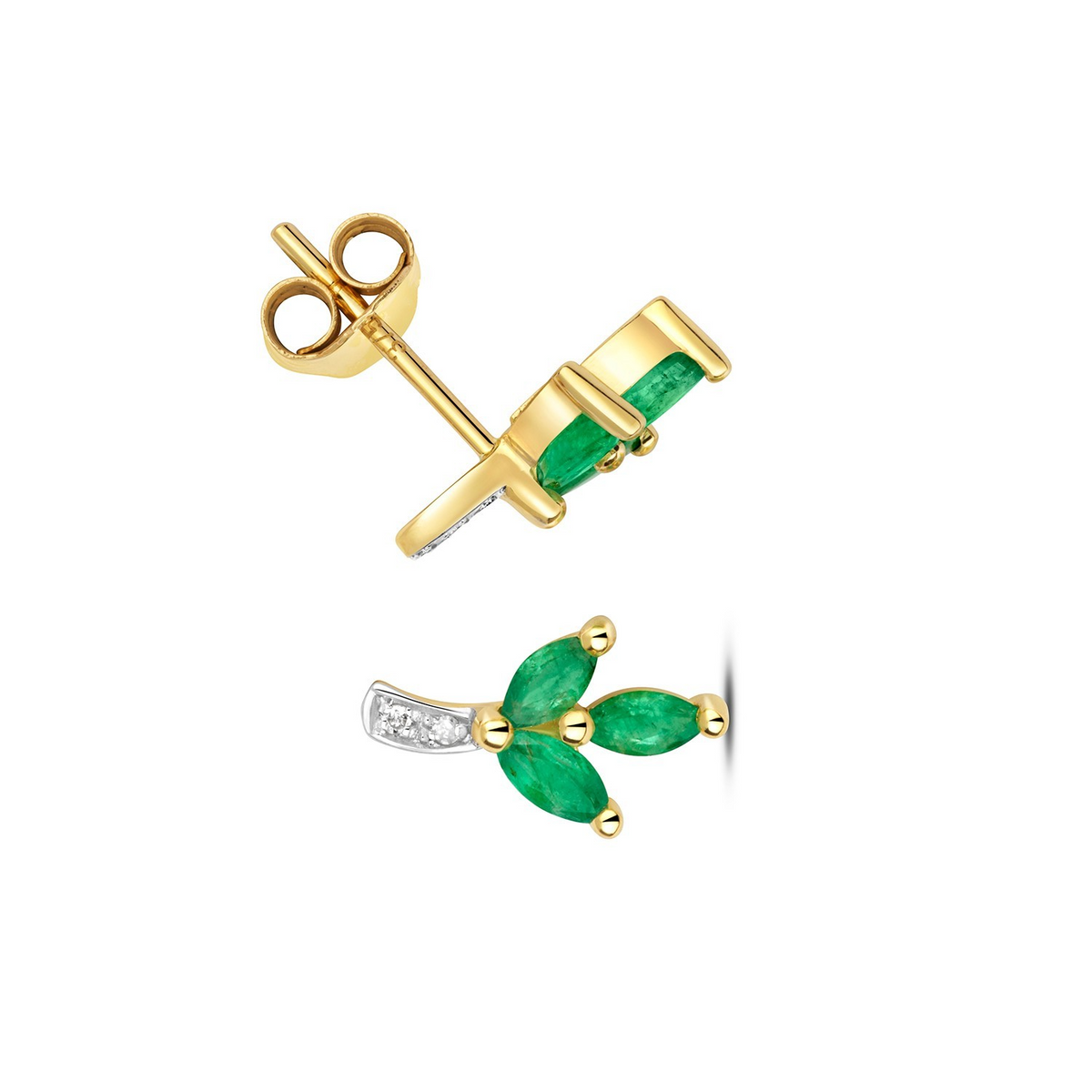 Emerald Floral Diamond Stud Earrings 9ct Yellow Gold 375 Hallmarked British Made