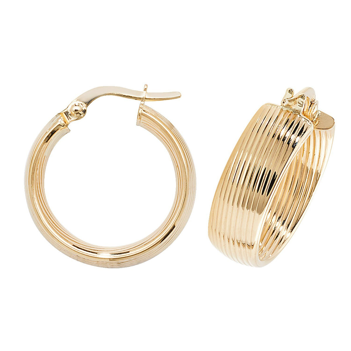 9ct Yellow Gold Ribbed Hoop Earrings 375 Hallmarked 10mm - 30mm Diameter