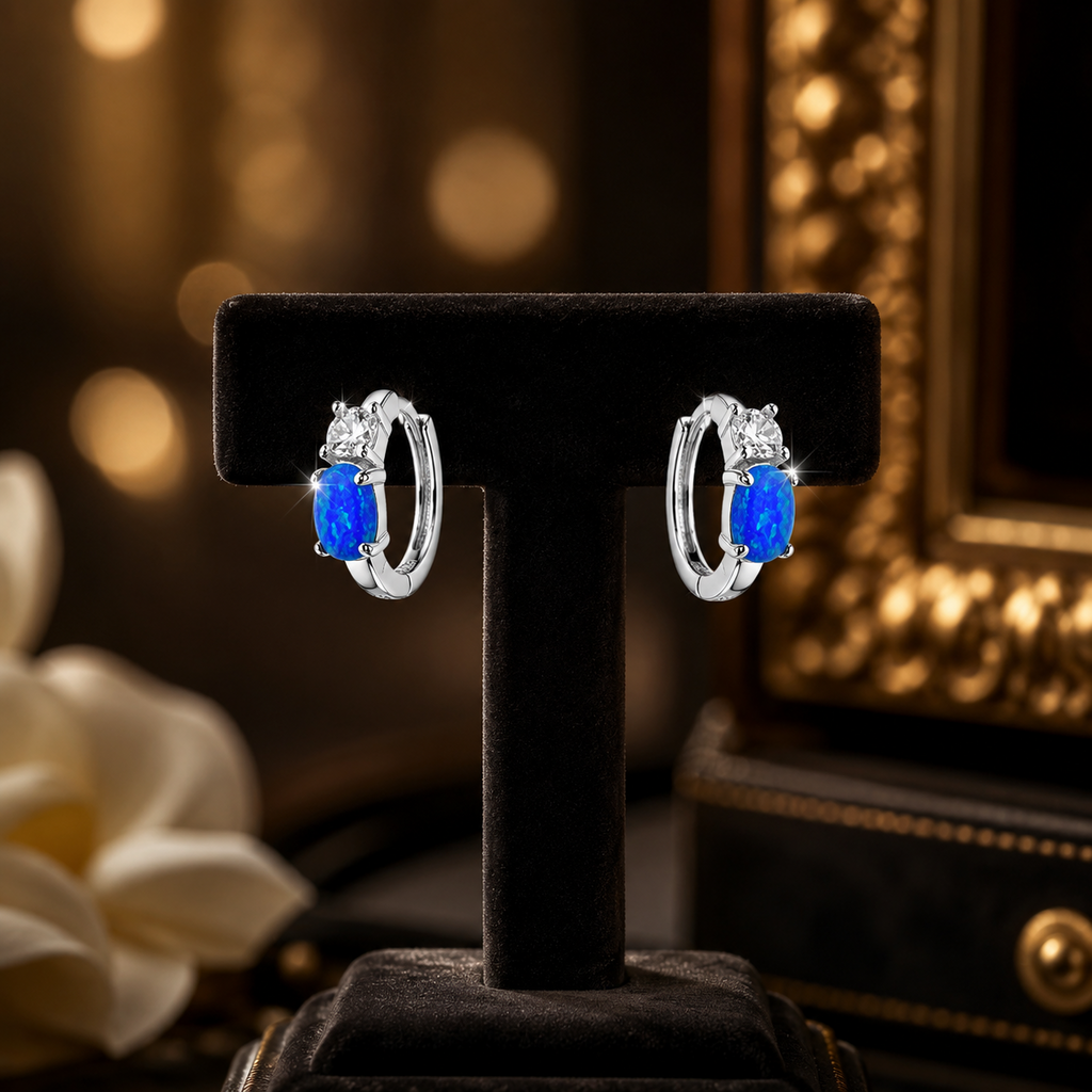 Blue Opal Sleeper Hoop Earrings Sterling Silver 925 Hallmarked Brand New Boxed