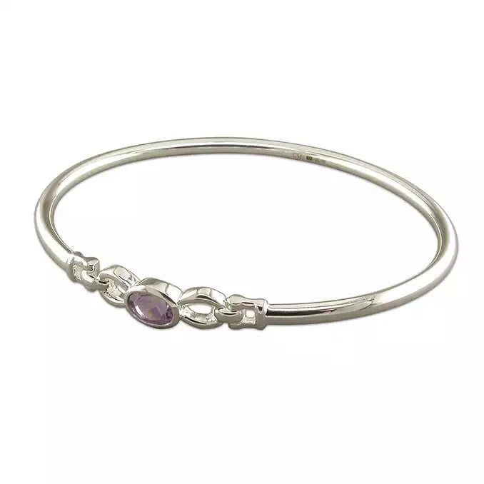 Oval Amethyst Loop Bangle Sterling Silver 925 Hallmark British Made Brand New