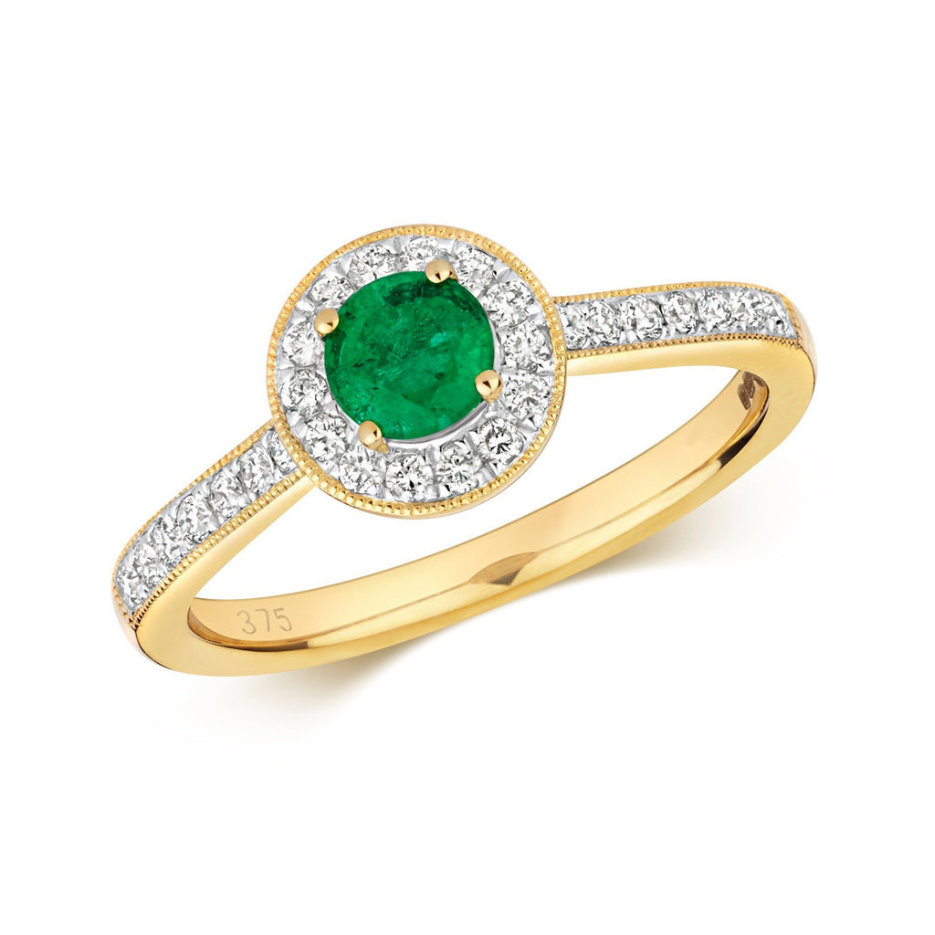 Round Cluster Emerald Diamond Halo Ring 9ct Gold 375 Hallmark J - Q British Made