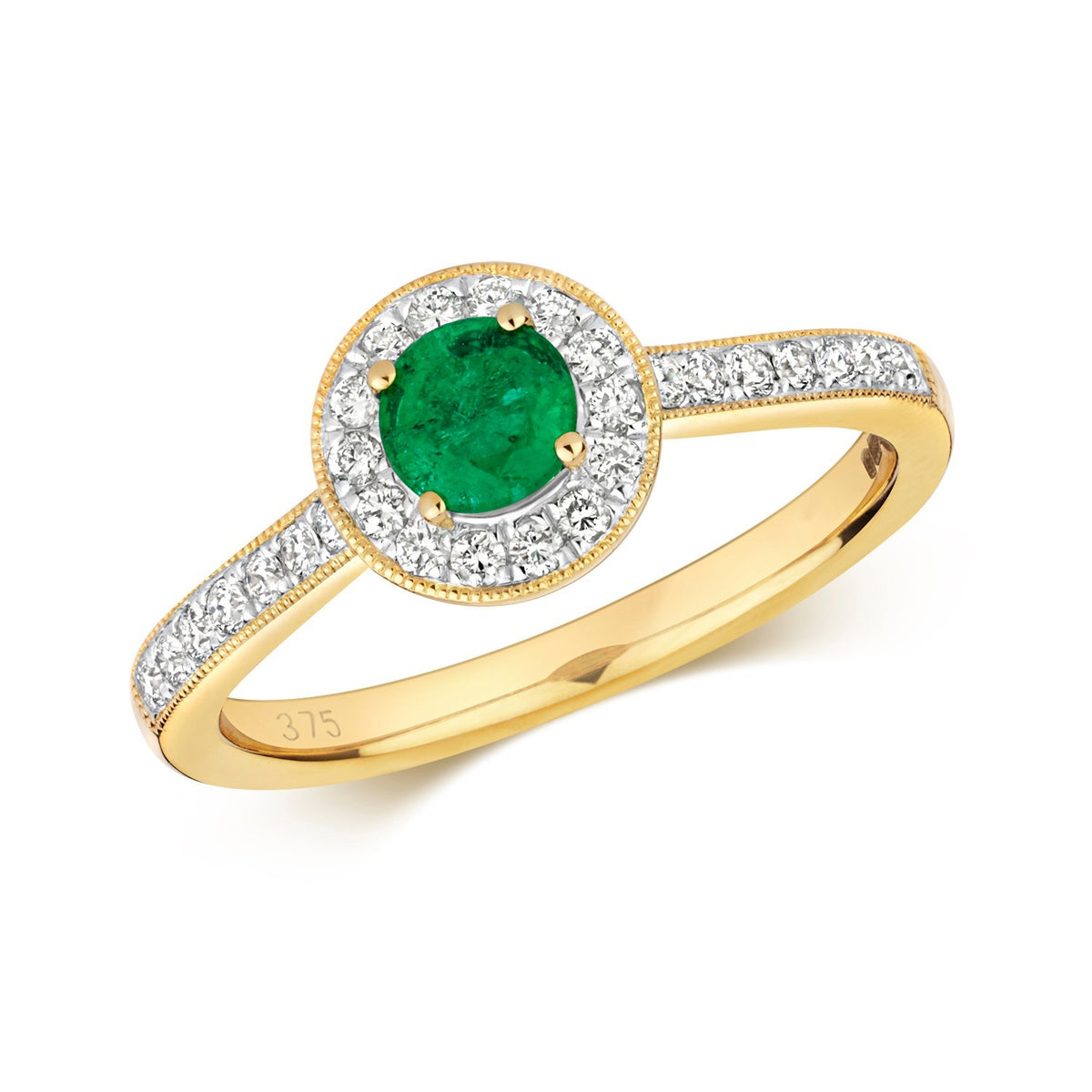 Round Cluster Emerald Diamond Halo Ring 9ct Gold 375 Hallmark J - Q British Made
