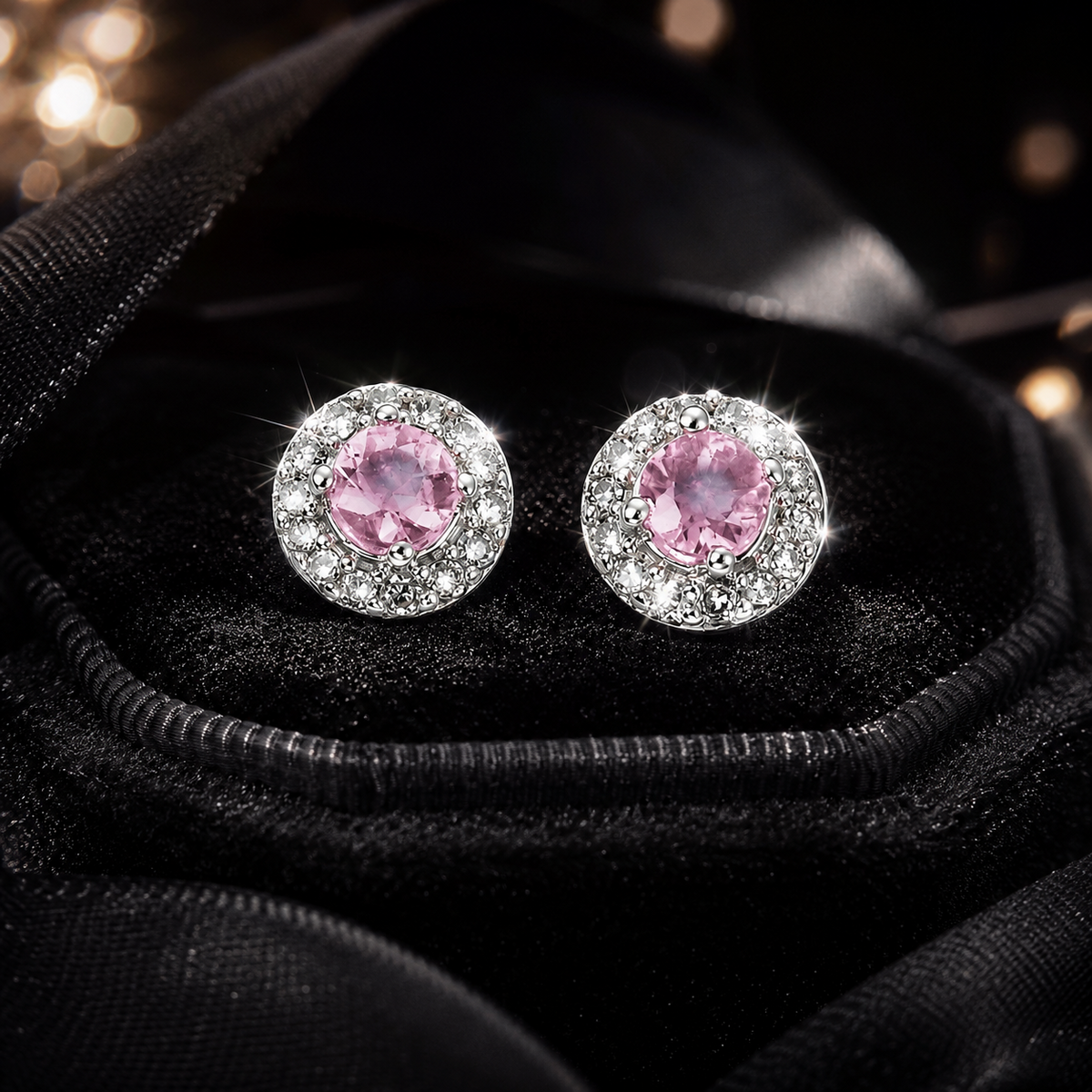 Pink Sapphire Earrings with Diamond Surround in 9ct White Gold British Made