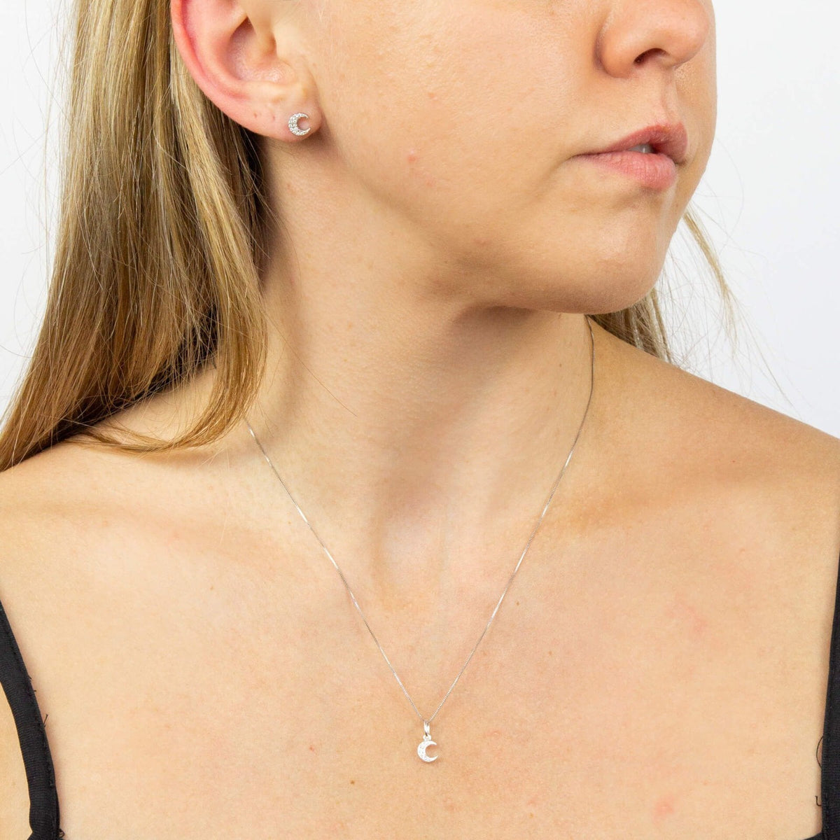 Sterling Silver Pave Moon Pendant 925 Hallmarked British Made All Chain Lengths