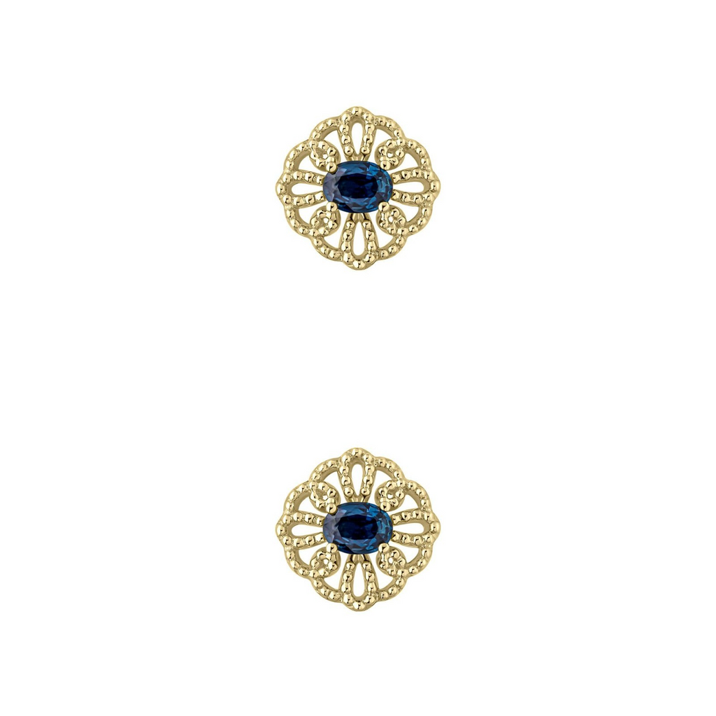 Floral Sapphire Stud Earrings 9ct Yellow Gold 375 Hallmarked British Made