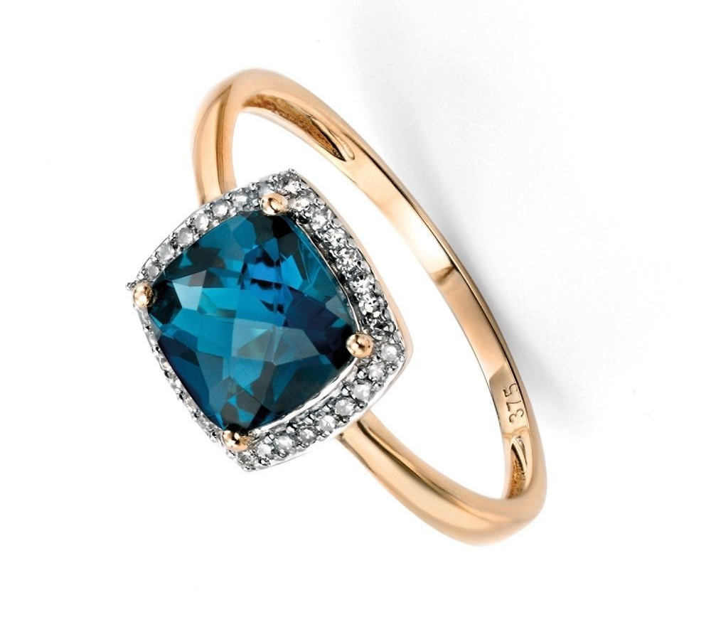 Cushion London Blue Topaz & Diamond Ring 375 Hallmarked Sizes L - Q