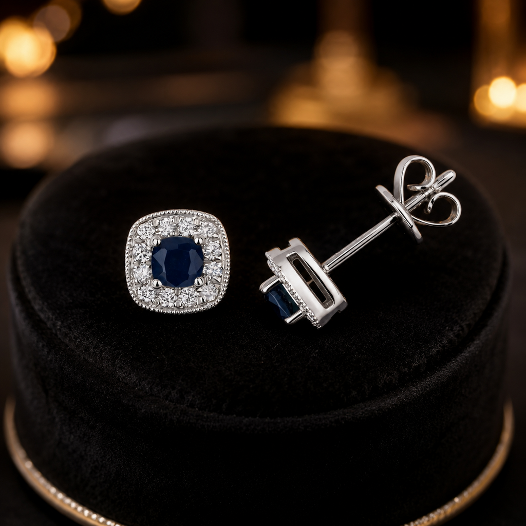 Sapphire Diamond Cushion Stud Earrings 9ct  White Gold 375 Hallmark British Made