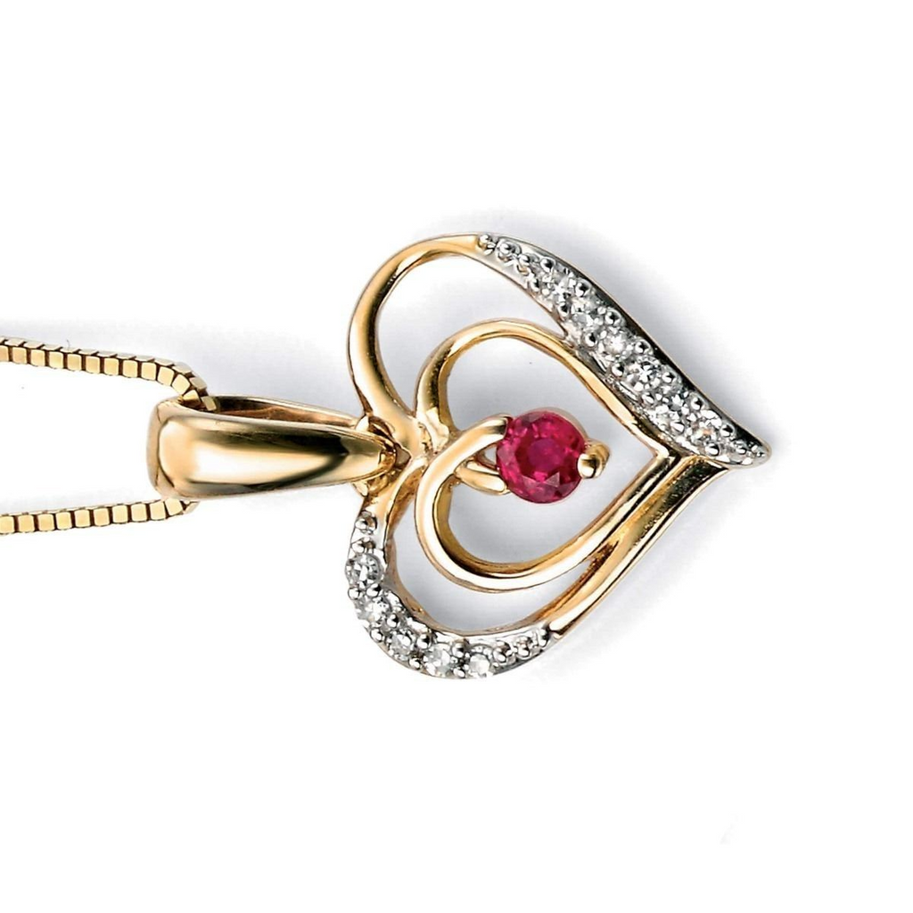 Heart Ruby and Diamond Pendant 9ct Yellow Gold 375 Hallmarked British Made