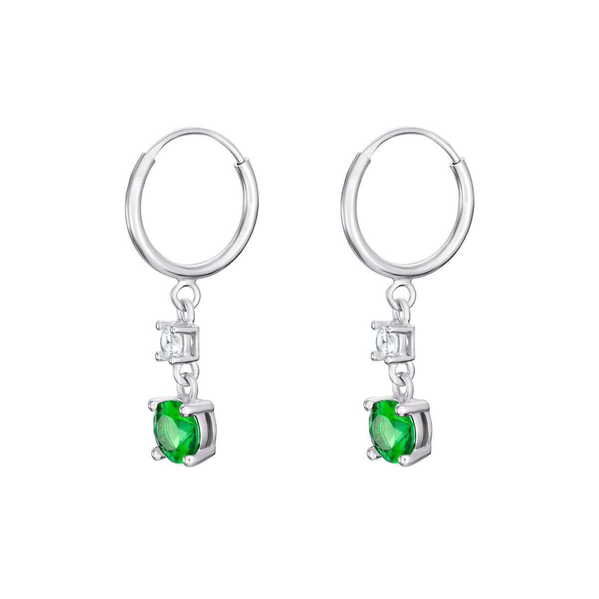 Solitaire Emerald Drop Hoop Earrings Sterling Silver 925 Hallmarked British Made